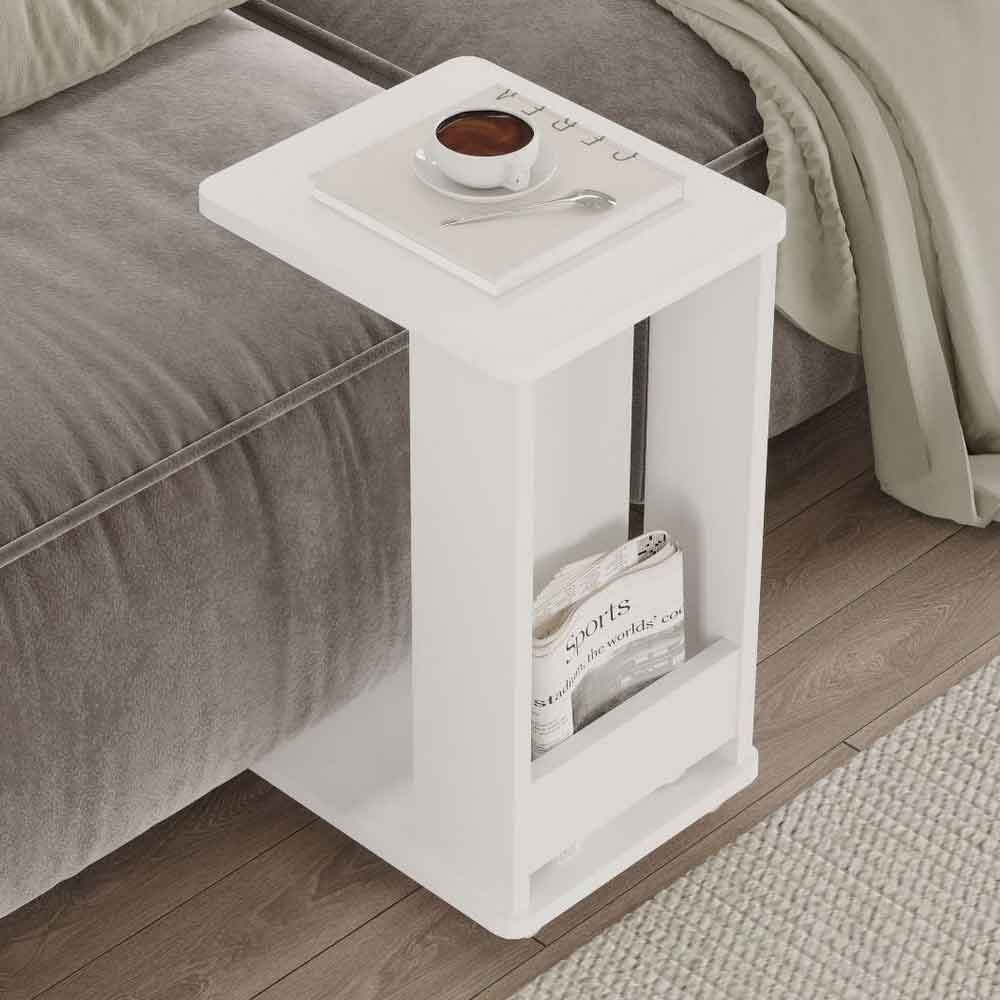 Mini Wooden Side Table with Magazine Rack in White