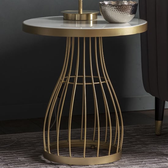 Minnesota Round White Glass Side Table With Champagne Frame