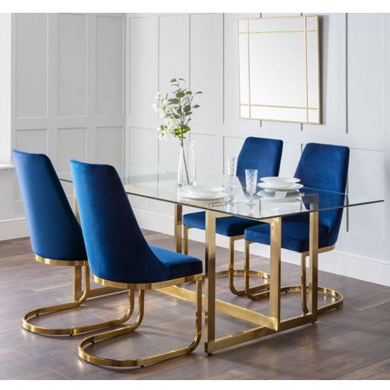 Macarena Clear Glass Dining Table With 4 Vangie Blue Chairs