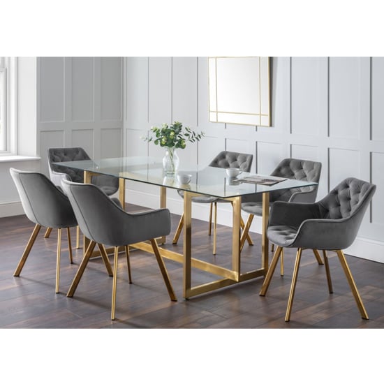 Macarena Clear Glass Dining Table With 6 Landen Grey Chairs