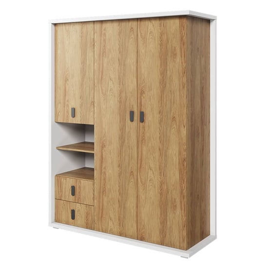 Minot Kids Wooden Wardrobe With 3 Doors In Natural Hickory Oak