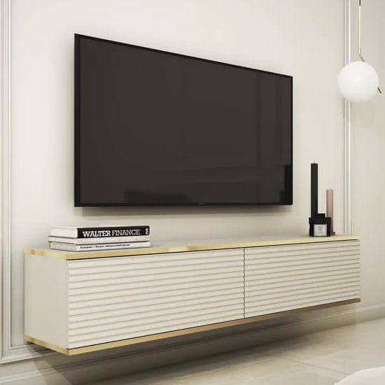 Minsk Floating Wooden TV Stand With 2 Doors In Beige