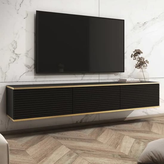 Minsk Floating Wooden TV Stand With 3 Doors In Black