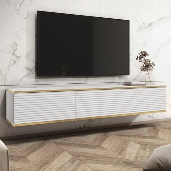 Product photograph of Minsk Floating Wooden Tv Stand With 3 Doors In White from Furniture in Fashion