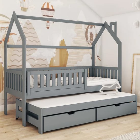 Minsk Trundle Wooden Single Bed In Graphite With Bonnell Mattress