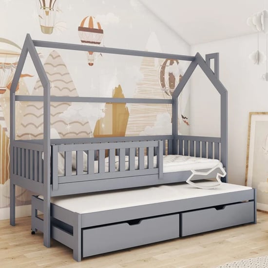 Product photograph of Minsk Trundle Wooden Single Bed In Grey With Bonnell Mattress from Furniture in Fashion