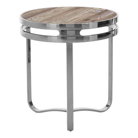 Mintaka Round Wooden Side Table With Silver Frame In Natural
