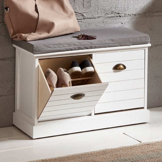 Photo of Mirada wooden shoe storage bench in white with grey fabric seat