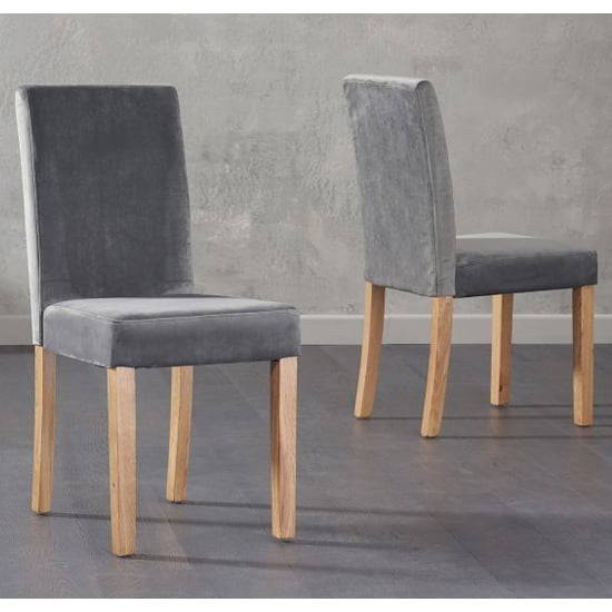 Miram Grey Plush Fabric Dining Chairs With Oak Leg In A Pair