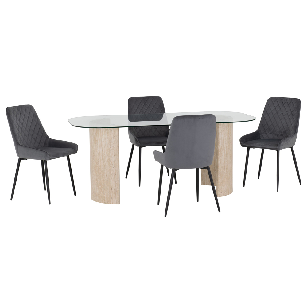 Mirano Clear Glass Top Dining Table With 4 Alsip Grey Chairs