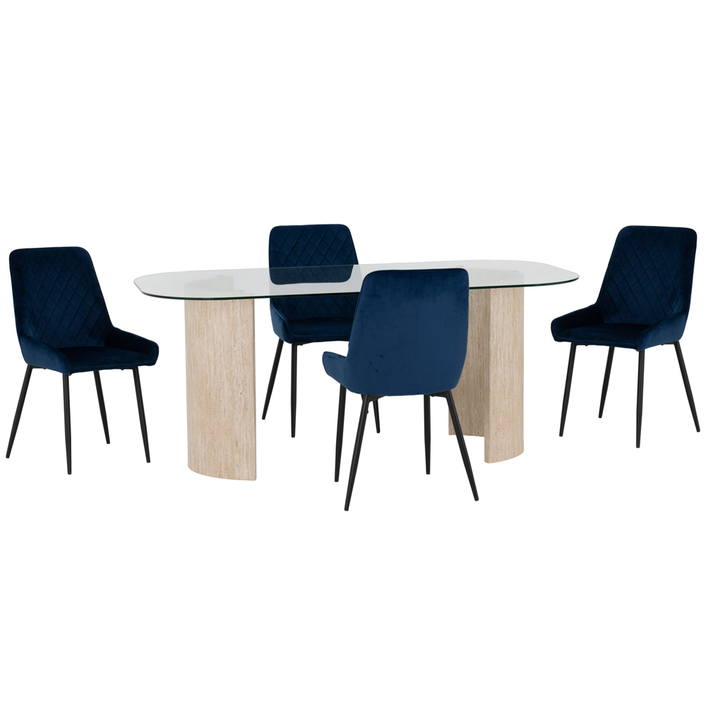 Mirano Clear Glass Top Dining Table With 4 Alsip Sapphire Blue Chairs
