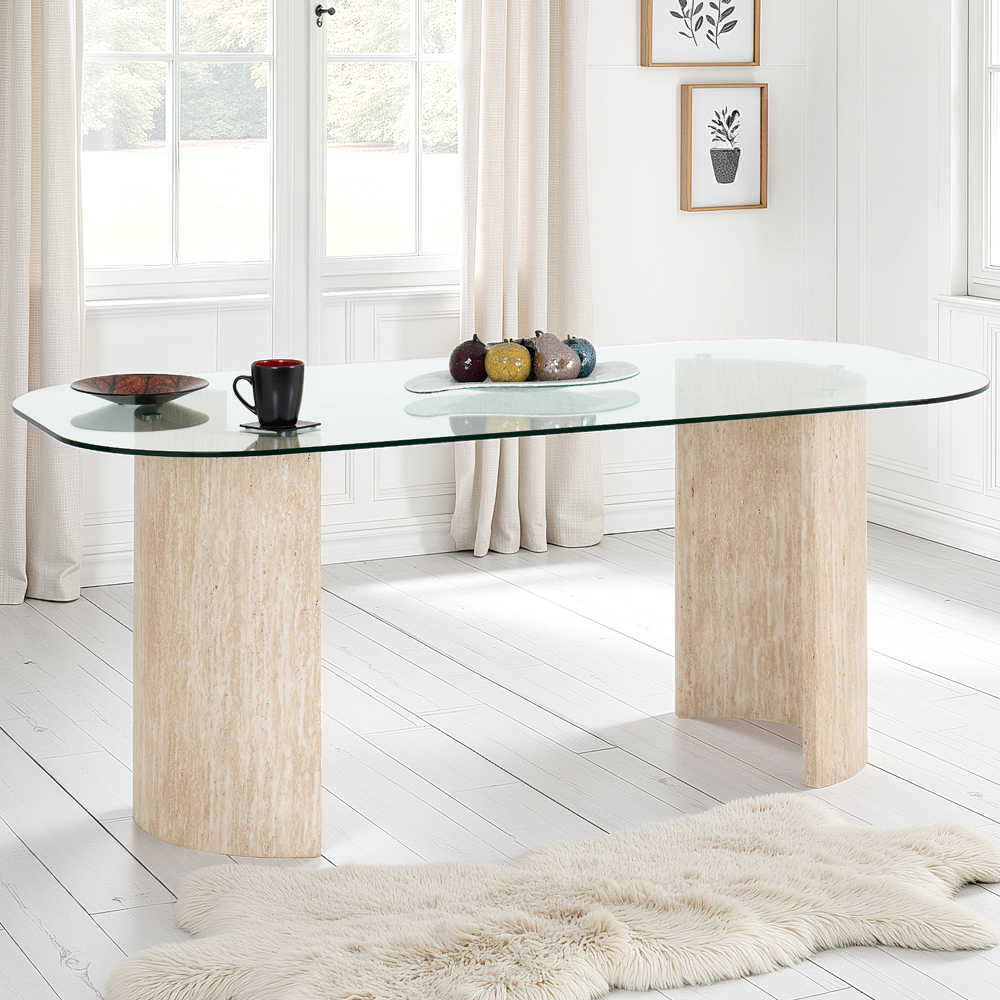 Mirano Clear Glass Top Dining Table With 4 Alsip Sapphire Blue Chairs