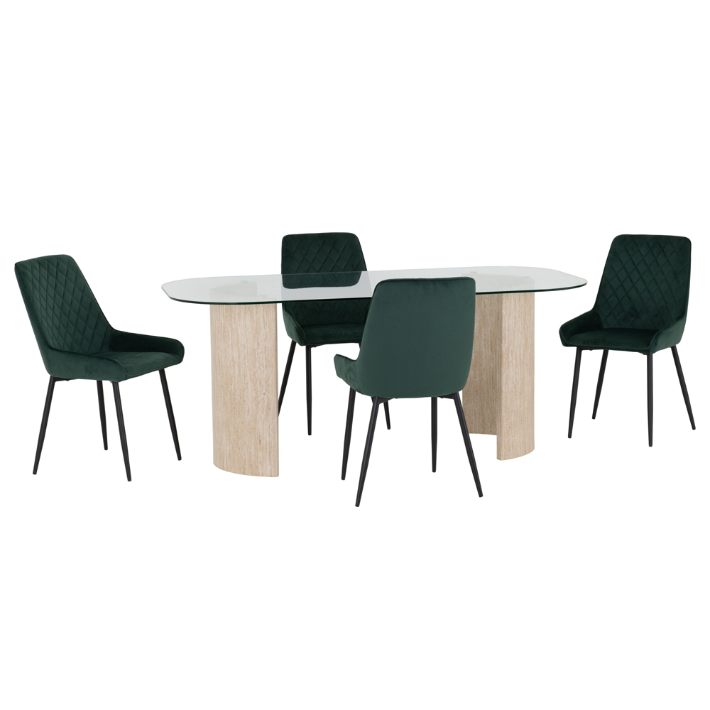 Mirano Clear Glass Top Dining Table With 4 Avah Emerald Green Chairs