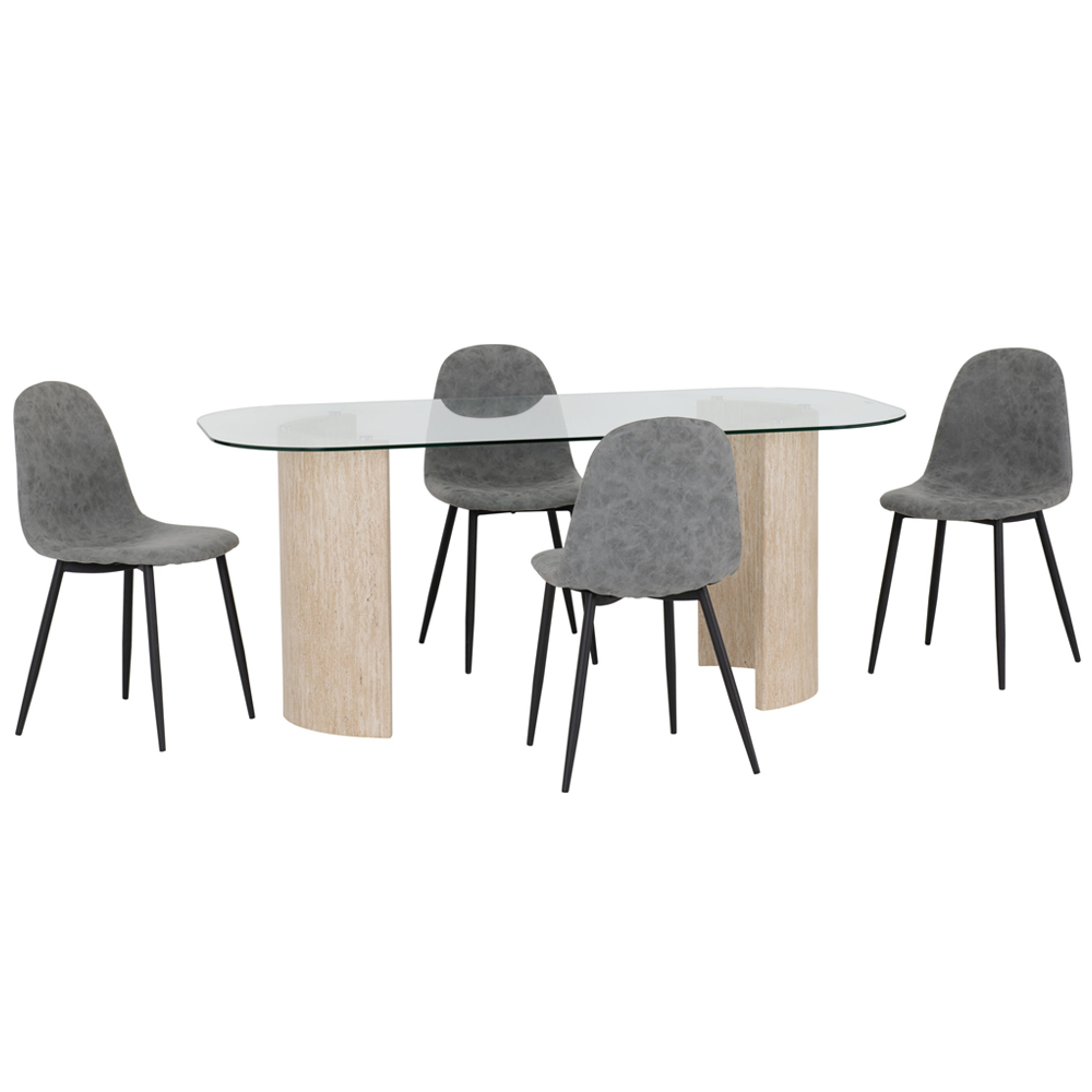 Mirano Clear Glass Top Dining Table With 4 Faux Alsip Grey Chairs
