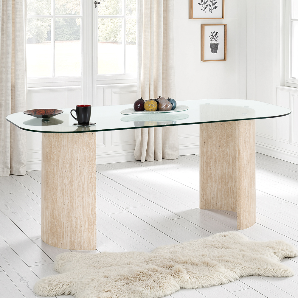 Mirano Clear Glass Top Dining Table With 4 Faux Alsip Grey Chairs
