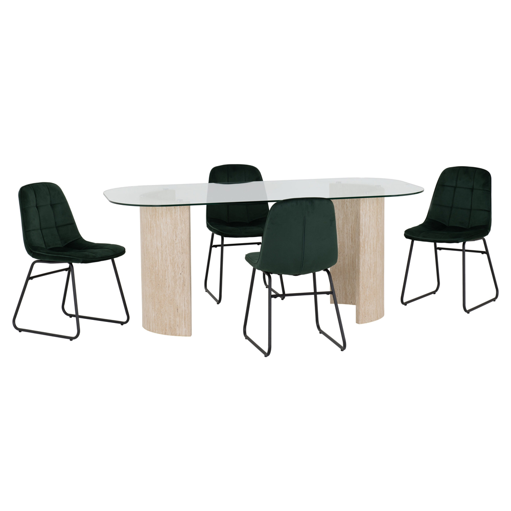 Mirano Clear Glass Top Dining Table With 4 Lyster Emerald Green Chairs
