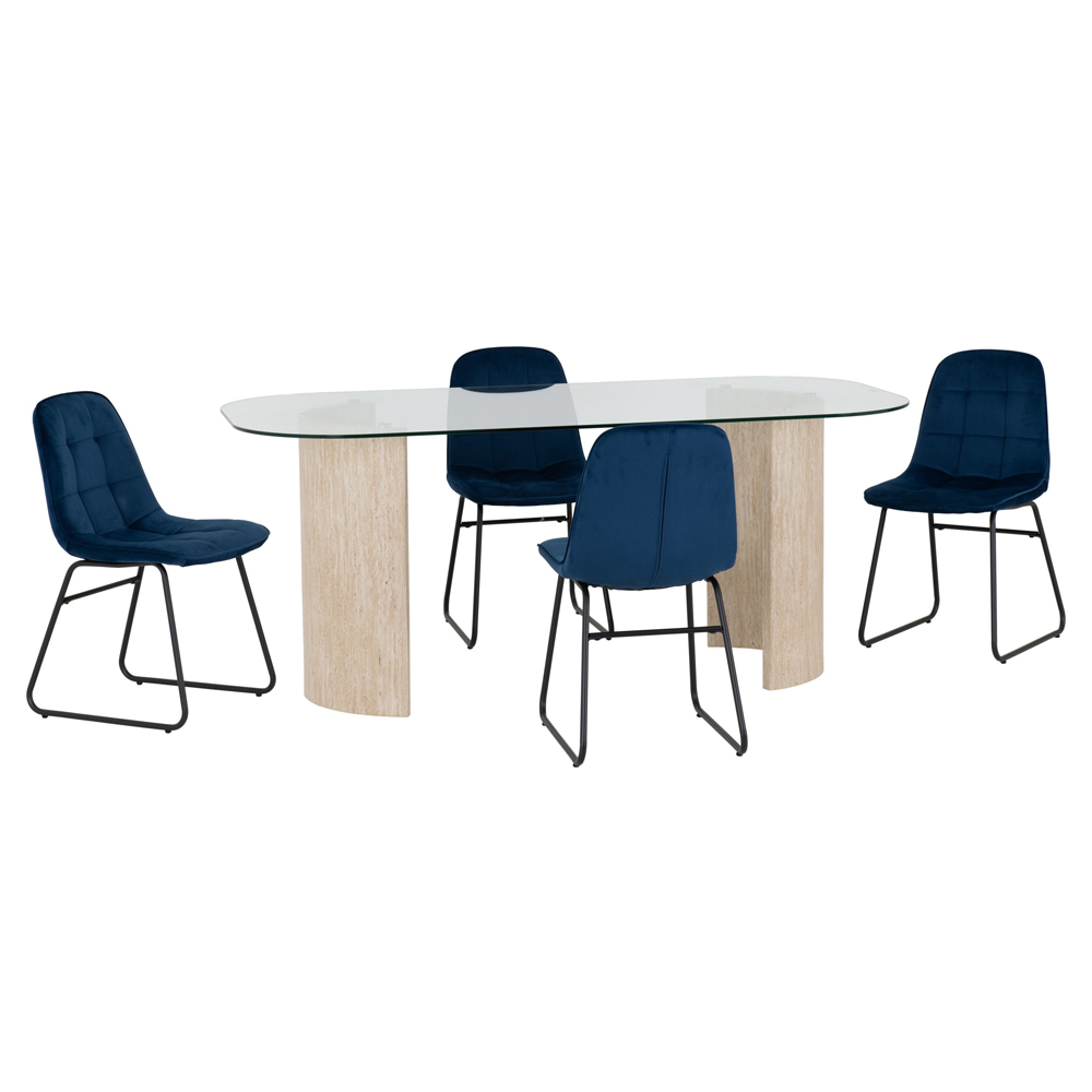 Mirano Clear Glass Top Dining Table With 4 Lyster Sapphire Blue Chairs