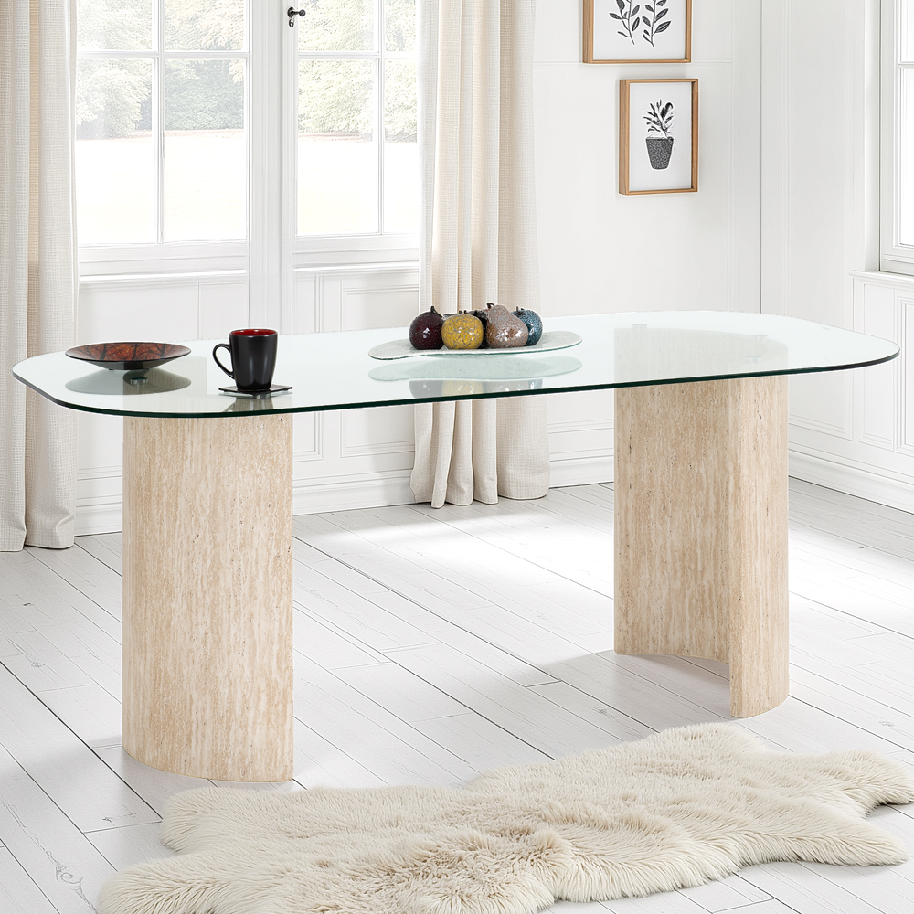 Mirano Clear Glass Top Dining Table With 4 Lyster Sapphire Blue Chairs