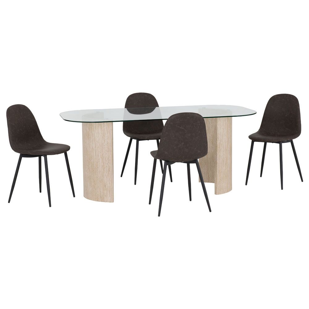 Mirano Glass Top Dining Table with 4 Alsip Brown Faux Leather Chairs