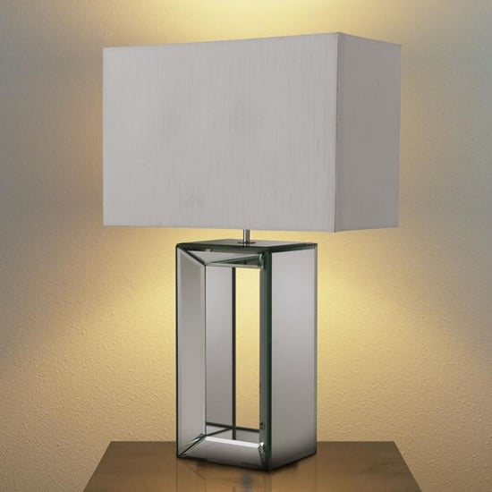 Photo of Mirror white faux silk shade table lamp with mirrored base