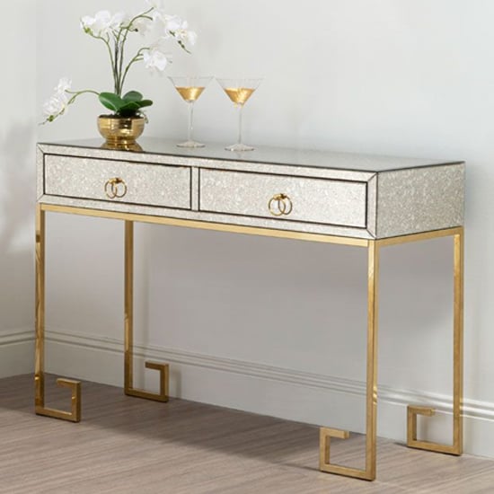 Product photograph of Mirzam Antique Mirrored Console Table With Gold Steel Base from Furniture in Fashion