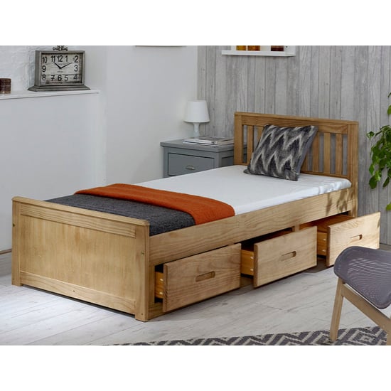 Mission Single Bed with Storage In Waxed Pine With 3 Drawers_3