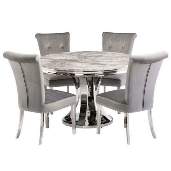 Photo of Mitzi round grey marble dining set with 4 grey velvet chairs