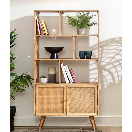 Product photograph of Mixco Wooden Bookshelf With Open Shelves And 2 Doors In Natural from Furniture in Fashion