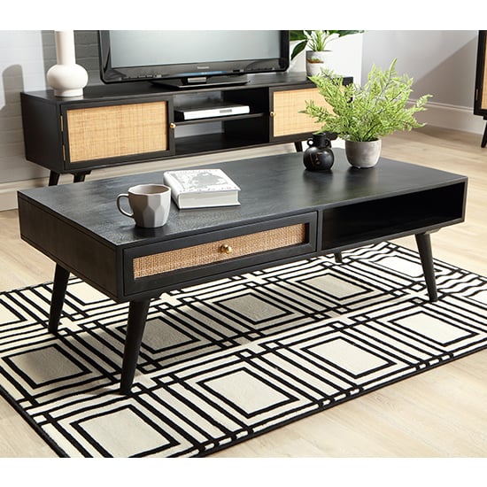 Product photograph of Mixco Wooden Coffee Table With Open Shelf And 1 Drawer In Black from Furniture in Fashion