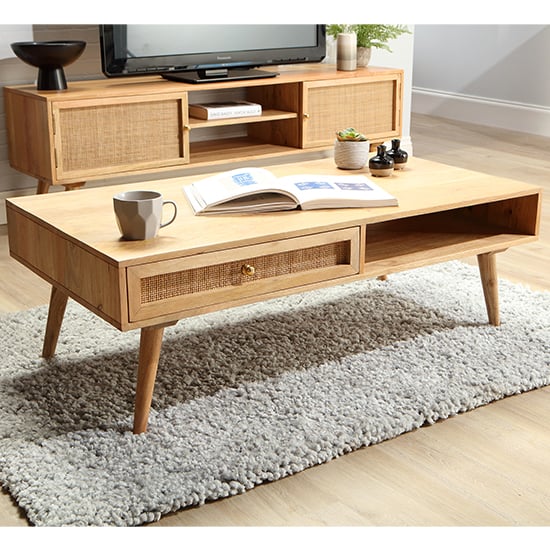 Product photograph of Mixco Wooden Coffee Table With Open Shelf And 1 Drawer In Natural from Furniture in Fashion