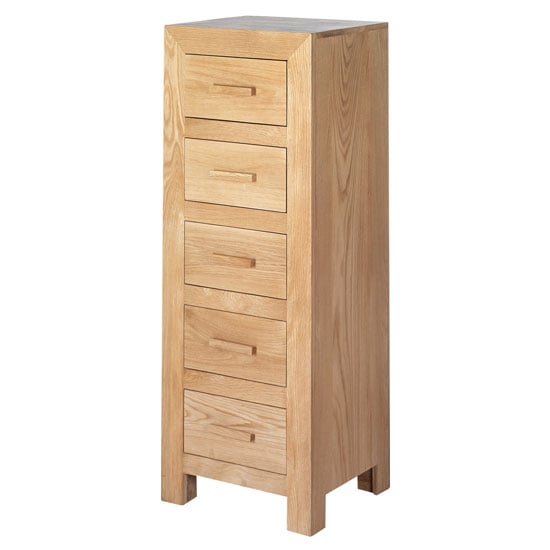 Photo of Modals tall chest of drawers in light solid oak with 5 drawers