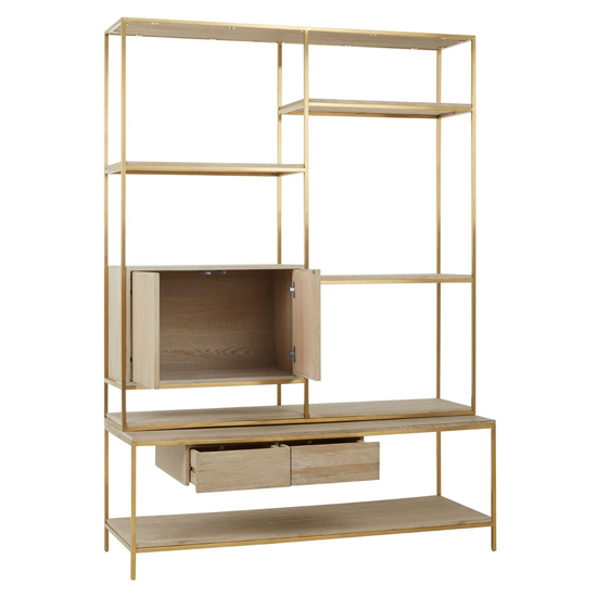 Modeco Wooden Shelving Unit With Gold Steel Frame In Natural