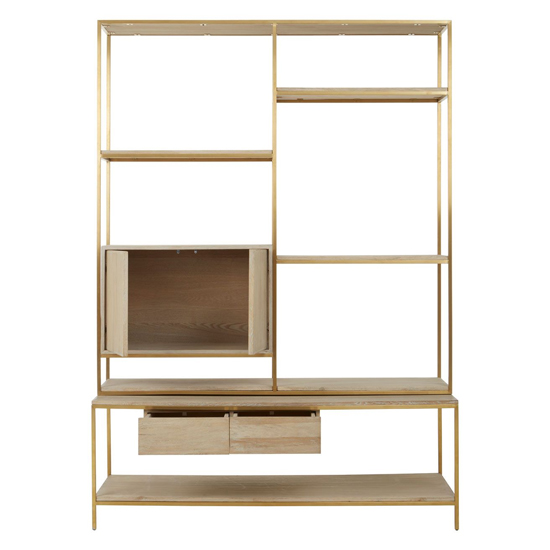 Modeco Wooden Shelving Unit With Gold Steel Frame In Natural