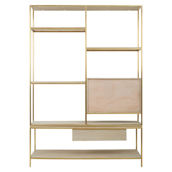 Modeco Wooden Shelving Unit With Gold Steel Frame In Natural