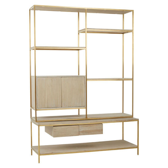Photo of Modeco wooden shelving unit with gold steel frame in natural