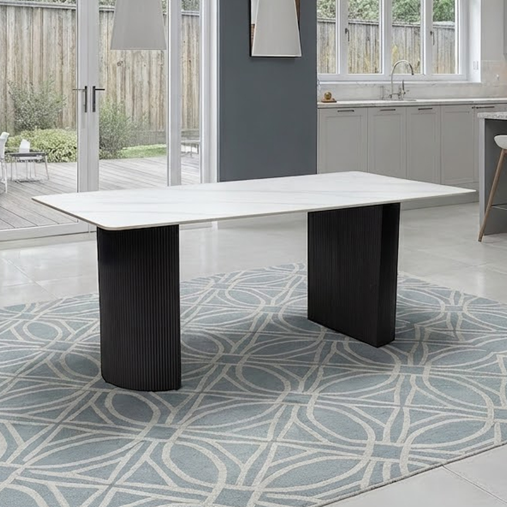 Modena White Sintered Stone Top Dining Table with Charcoal Ribbed Base