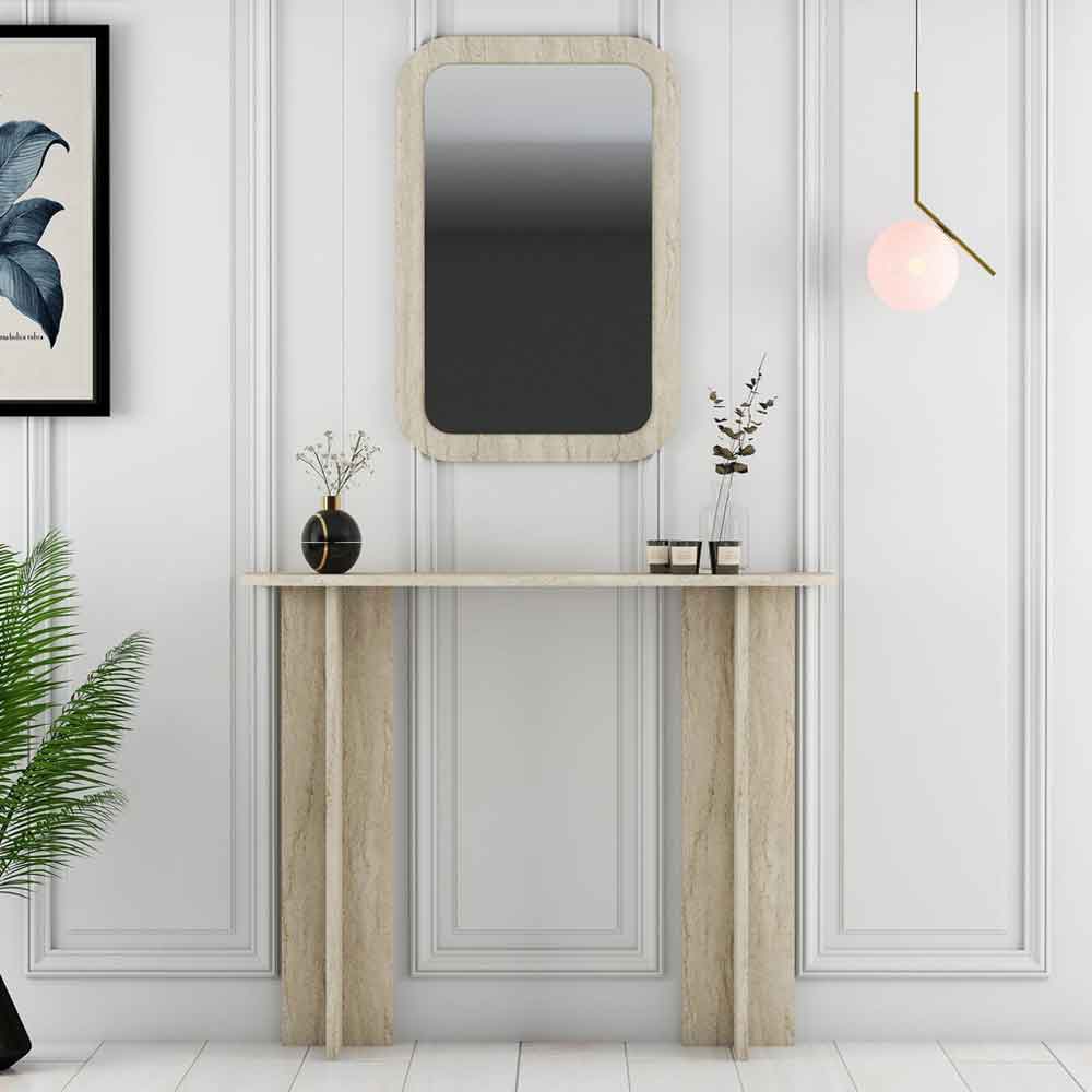 Modena Wooden Dressing Table with Mirror in Travertine Marble Effect