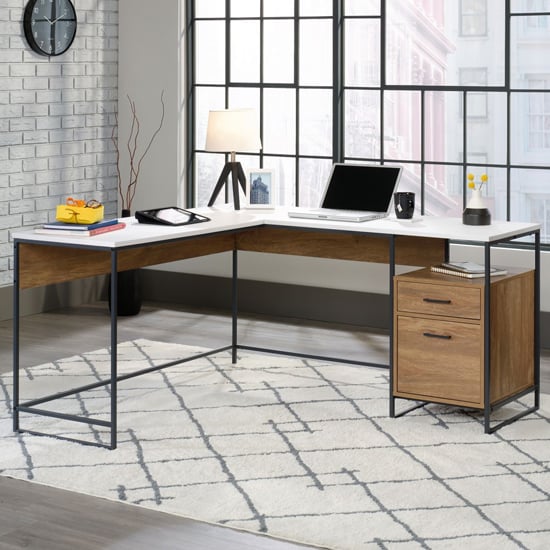 Moderna L-Shaped Computer Desk In Sindoori Mango And White