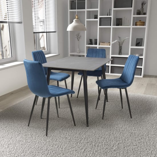Modico 1.2m Grey Ceramic Dining Table With 4 Leuven Blue Chairs
