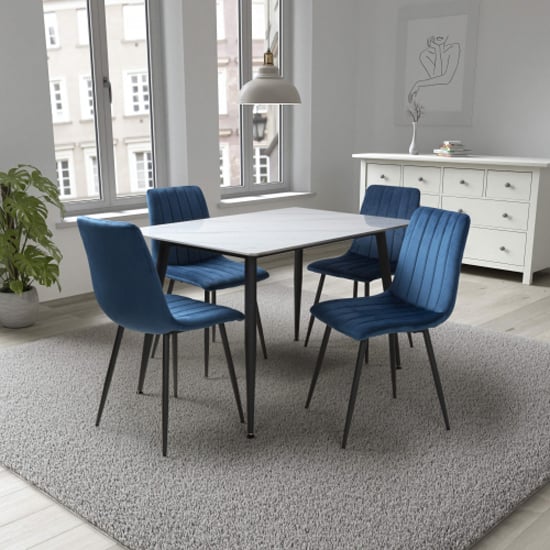 Product photograph of Modico 1 2m White Ceramic Dining Table 4 Leuven Blue Chairs from Furniture in Fashion