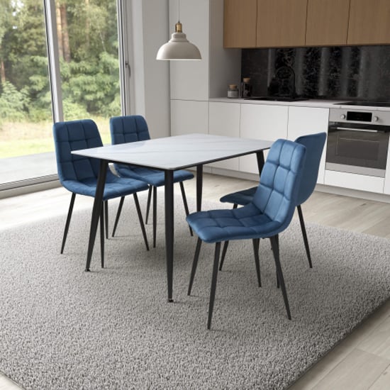 Product photograph of Modico 1 2m White Ceramic Dining Table With 4 Massa Blue Chairs from Furniture in Fashion