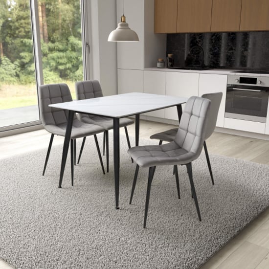 Modico 1.2m White Ceramic Dining Table With 4 Massa Grey Chairs