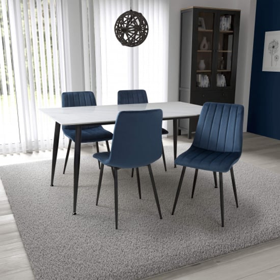 Product photograph of Modico 1 6m White Ceramic Dining Table 4 Leuven Blue Chairs from Furniture in Fashion
