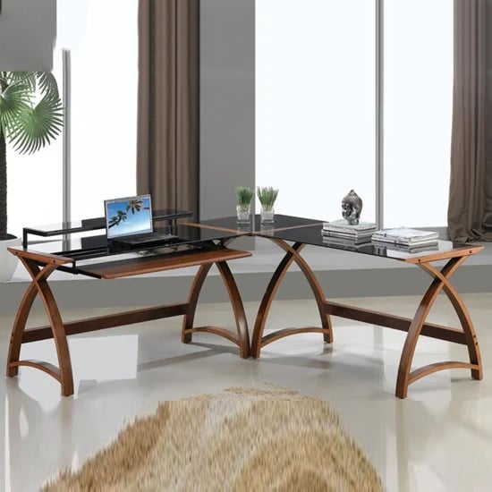 View Modular curve corner computer desk in walnut