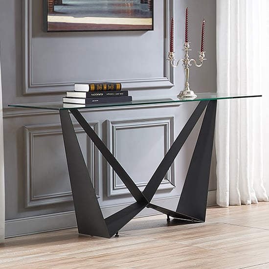 Photo of Moira clear glass console table with dark grey steel base