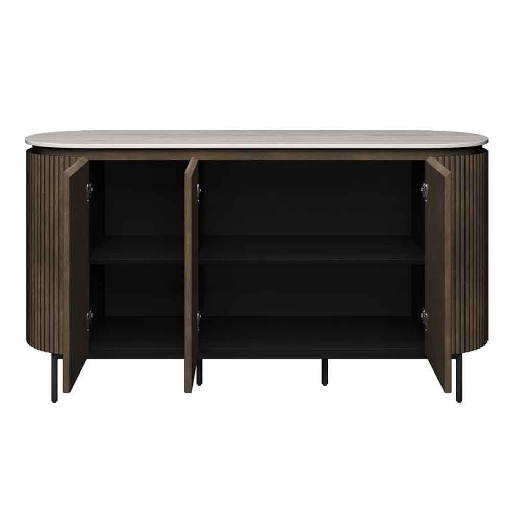 Molaro Ceramic Top Sideboard with 3 Doors in Travertine Marble Effect and Walnut