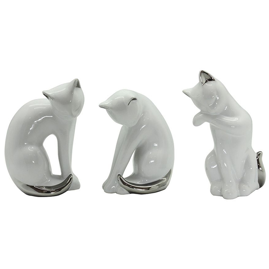 Moline Ceramics Set Of 3 Cat Twisto Sculpture In White And Silver