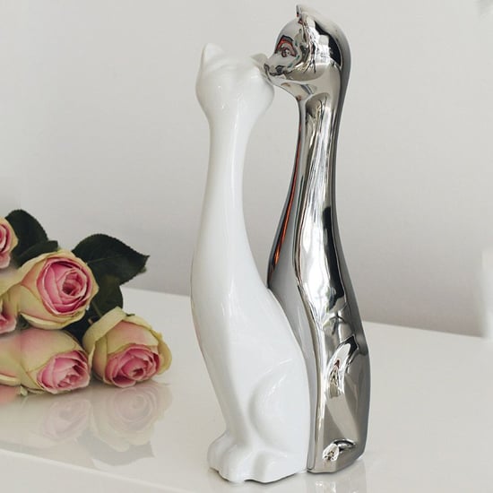 Moline Ceramics Couple Cat Kiss Sculpture In Silver And White