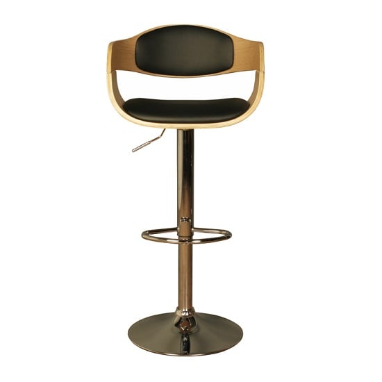Molte Bar Stool In Black Faux Leather And Oak With Chrome Base