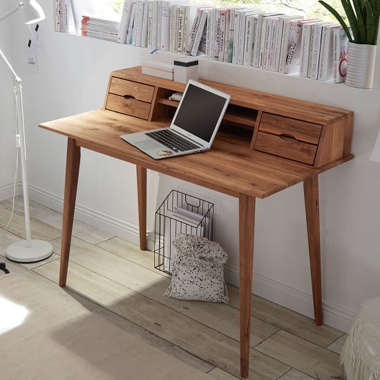 View Molton wooden computer desk in knotty oak with 4 drawers